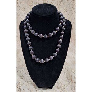 Vintage Artisan 30" Black Silk Beaded Necklace w/Silver-Toned Accents_EUC
